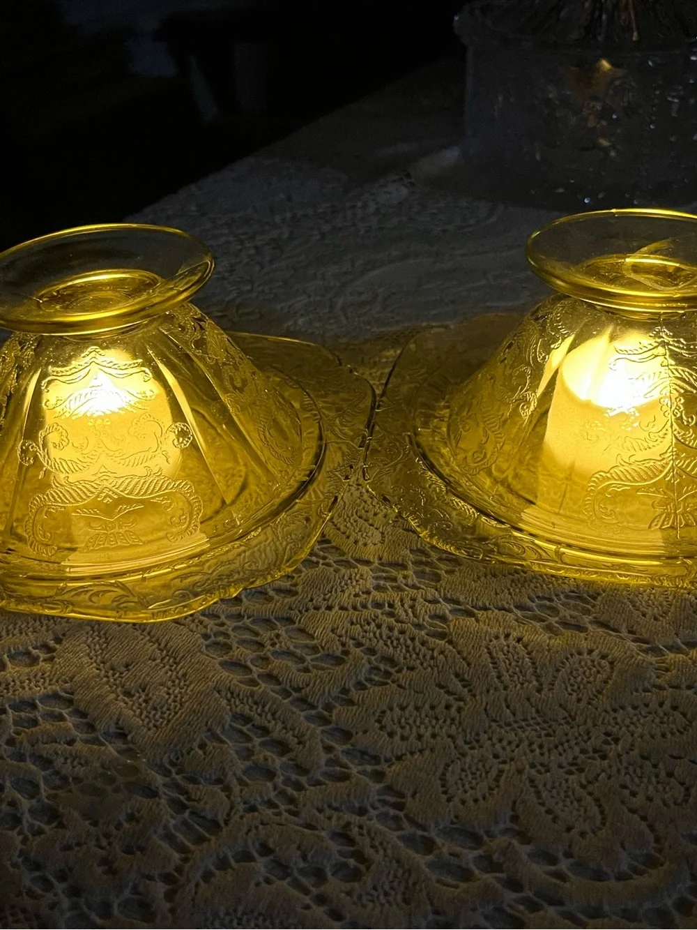 Pair Vintage Amber Madrid Depression Glass Fairy Lamps Sherbets & Plates